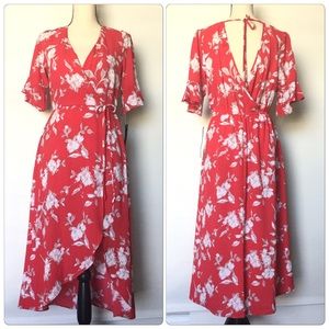 Red And White Floral Prints Wrap Style Romper